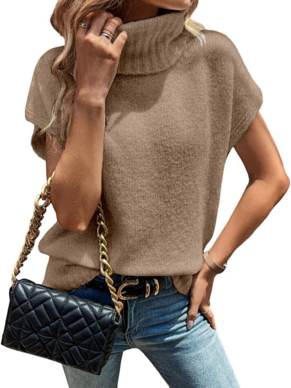 Cozy Turtleneck Cap Sleeve Sweater Vest - Oversized Knit Pullover Top